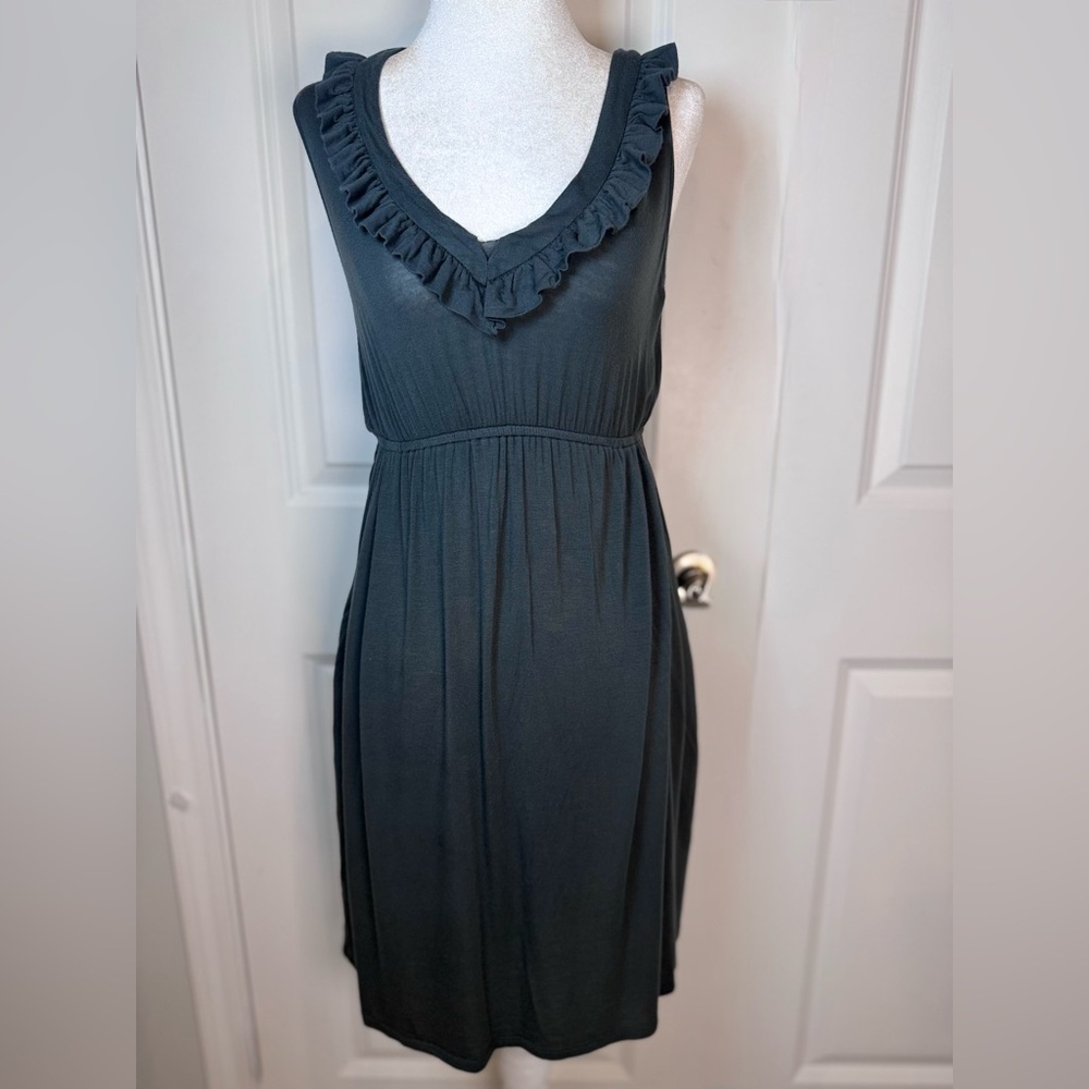 Pinkerton Bohemian Romantic Ruffle V-Neck Knit Pocket Dress Charcoal Gray Small